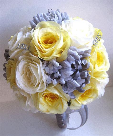 Wedding Bouquet Bridal Silk Flower 17 Piece Package Yellow Silver Gray
