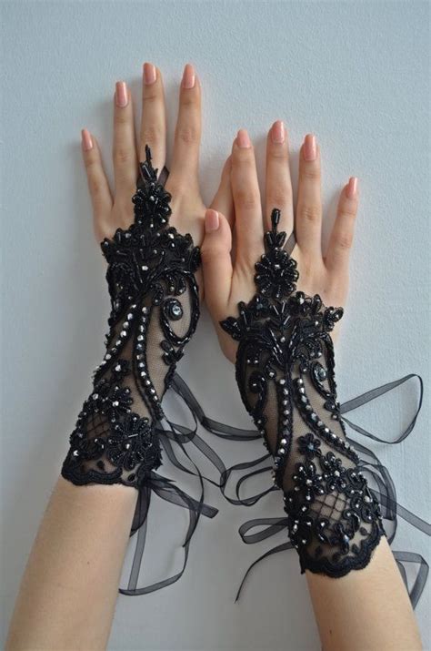 Handmade Glove Black Gothic Lace Black Embroidered With Crystal Stones