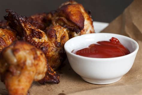 Baked Chicken Wings Together With Ketchup Stock Image Image Of