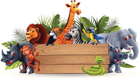 Vector Illustration Of A Group Of Wild Animals Holding A Blank Sign