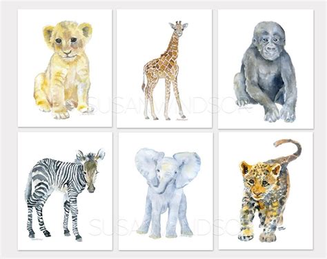 African Baby Animals Watercolor Art Print Set Kinderkamer