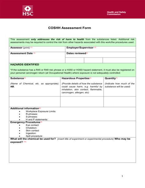 Coshh Assessment Form