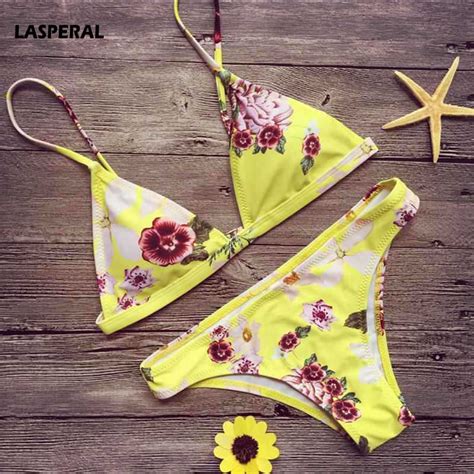 Lasperal 2017 Women Bikini Set Sexy Yellow Floral Print Push Up Thong