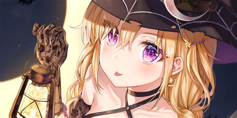 Wallpaper Anime Girls Blonde Purple Eyes Hat Halloween 3000x1500 Jaquelinebouquet