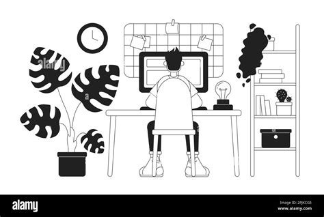 Cozy Home Office Setup With Freelancer 2d Vector Monochrome Isolated