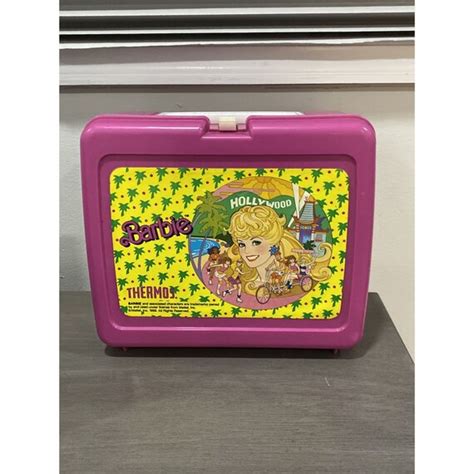 1988 hollywood barbie pink plastic lunch box and thermo… gem