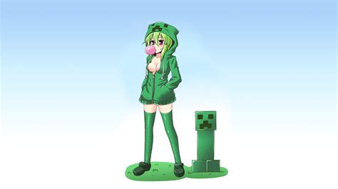 Creeper Standing Boobs Red Eyes Green Hair Minecraft Anime Girls Anime Video Games Pc