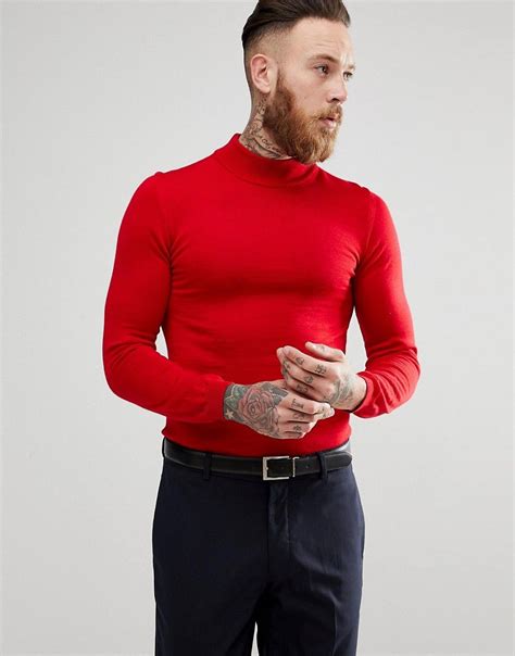 Asos Muscle Fit Merino Turtleneck Sweater In Red Red Mens Fashion