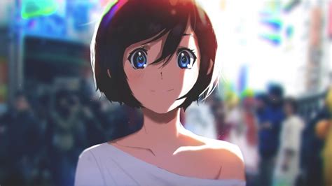 Wallpaper Anime Girl Sunlight Smiling Short Hair Blue