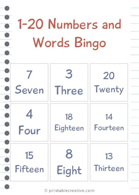 1 20 Numbers And Words Bingo