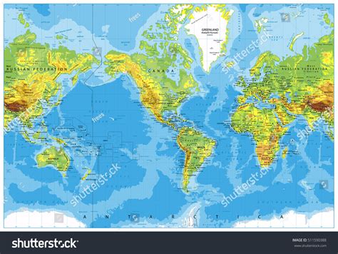 America Centered Physical World Map Highly Stock Vector