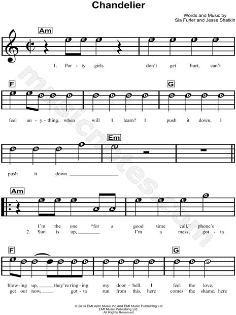 Sia Chandelier Sheet Music For Beginners In A Minor