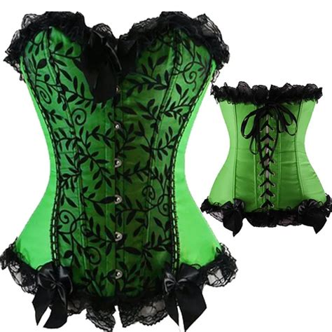 Sexy Women Green Laced Satin Bowknot Corsets Overbust Fashion Floral Pattern Bustier Boned Lace