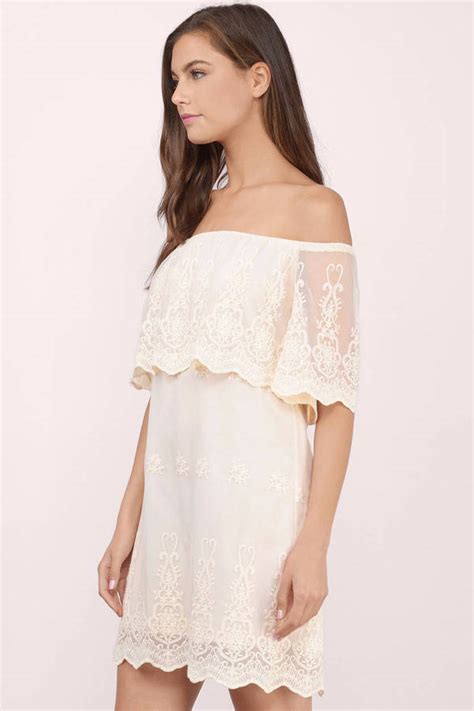 Sundown Lace Above The Knee Off The Shoulder Cream Shift Dress 31