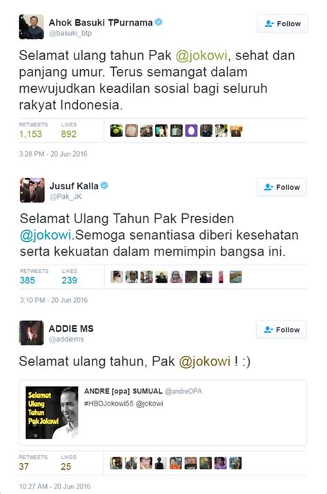 Selamat ulang tahun kepada pak @jokowi semoga pajang umur, sehat selalu, dan selalu amanah dalam memimpin negeri indonesia, lanjutkan *sby*. Presiden Jokowi Ulang Tahun, Jusuf Kalla, Ahok dkk Ucapkan ...