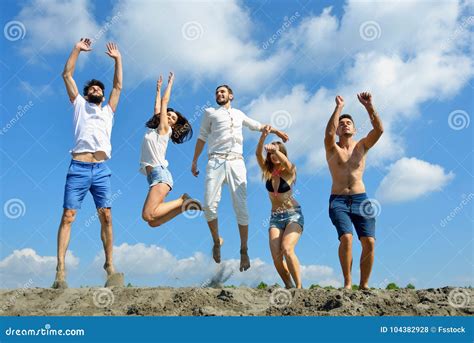 Image Of Young People Jumping Together Outdoor Stock Photo Image Of