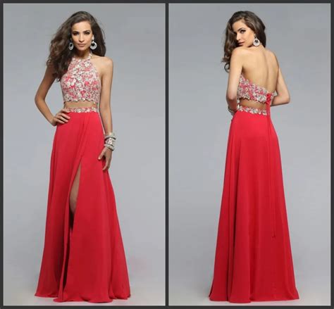 Two Pieces Prom Dresses Red Halter Neck Chiffon With High Quality Lace