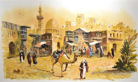 Large Framed Acrylic On Canvas Painting Of A Middle Eastern Market