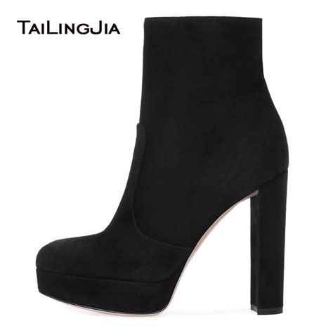 Women Black Faux Suede Platform Chunky Heel Ankle Boots Round Toe High
