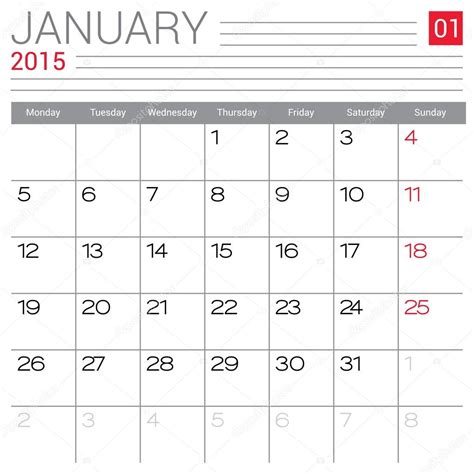 Enero 2015 Calendario Vector Gráfico Vectorial © Adistock Imagen 56837847