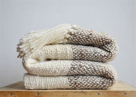 Raw Wool Striped Blanket Grey And Ecru Chunky Knit Blanket Throw Woven