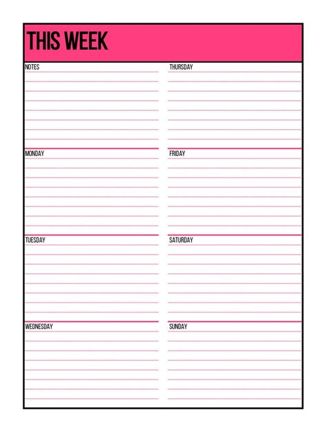 Pink Undated Weekly Planner Printable Week On 1 Page Letter Size