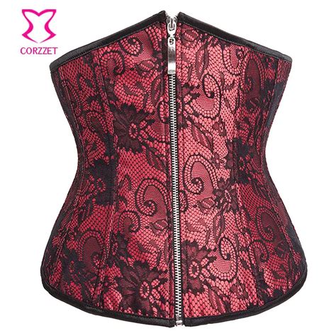 Red And Black Floral Lace Overlay Bustier Top Gothic Corselet Korsett For Women Sexy Corset