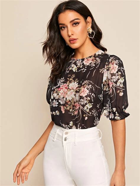 Flounce Sleeve Floral Sheer Top Shein Usa Sheer Floral Top Blouses