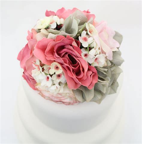 Wedding Cake Topper Pink Rose Gray Hydrangea Silk Flower Wedding