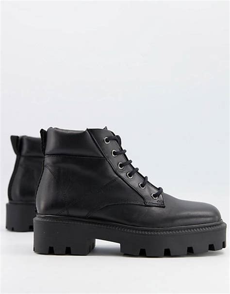 asos design advance leather square toe chunky lace up boots in black asos