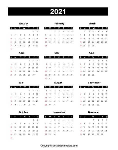 2021 Yearly Calendar Template A4 Royalty Free Vector