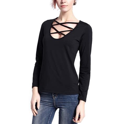 Women S Loose V Cross Neck Long Sleeve Shirts Cotton Basic T Shirt Sexy Blouses Tops C E