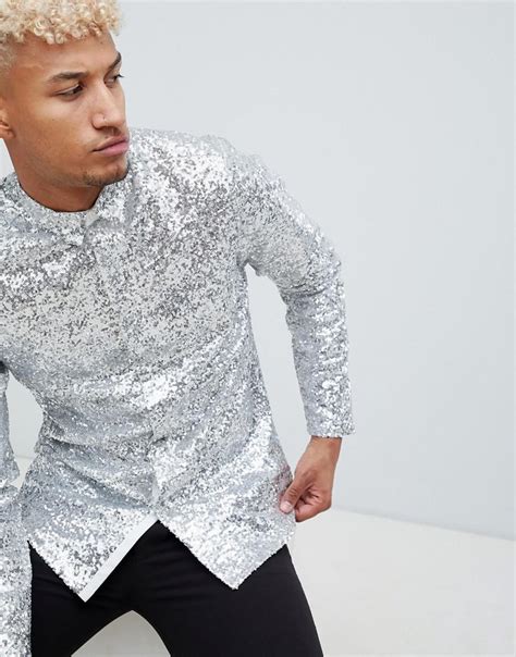 Asos Cotton Regular Fit Silver Sequin Shirt In Metallic For Men Lyst
