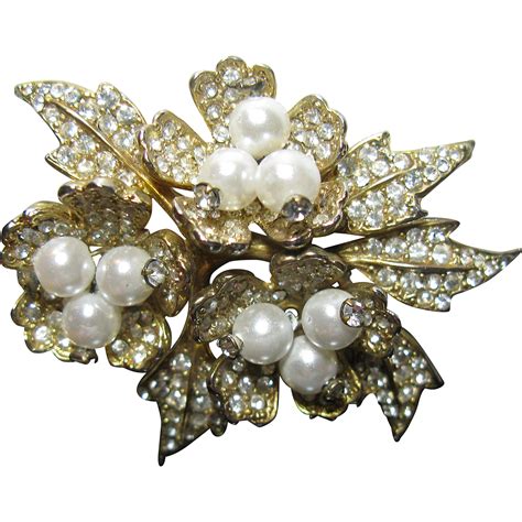 Pave Rhinestone And Faux Pearl Leaves Brooch From Yesterdaysjewels On