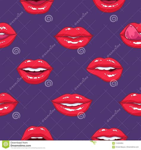Seamless Pattern With Puffy Female Lips On Purple Background Symbol Of
