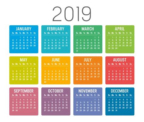 Colorful Year 2019 Calendar Isolated White Background — Stock Vector