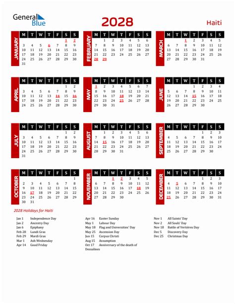 2028 Haiti Calendar With Holidays