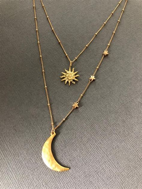 Gold Moon And Sun Double Layered Necklace Gold Moon And Star Etsy Sun And Moon Necklace