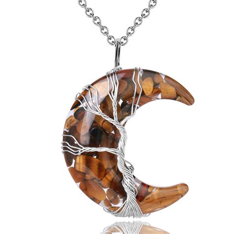 Collier Pendentif Croissant De Lune Arbre De Vie Il De Tigre O Karma