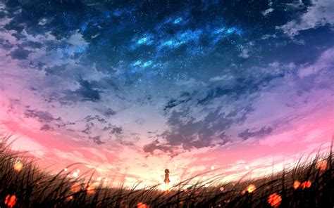 Download 2880x1800 Anime Landscape Sunset Plants Field Sky Anime