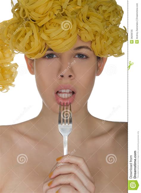 Woman With Ringlets Of Spaghetti And Fork Stock Image Image Of Female Architecture