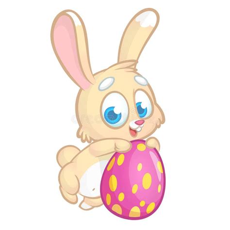 Easter Bunny Rabbit Holding A Pink Egg And Smiling Vector Cartoon