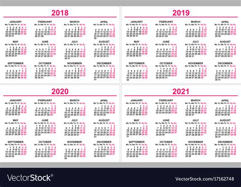Set Wall Calendar 2018 2019 2020 2021 Grid Vector Image