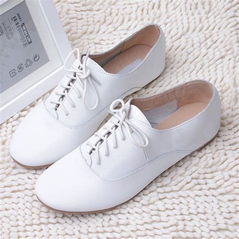 Womenlady White Leather Loafer Oxford Flat Shoe Lace Up Brogue Casual