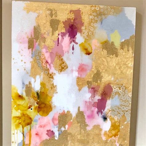 An Abstract Painting With Gold And Pink Flowers