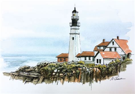 Pen And Ink With Watercolor Line And Wash Lighthouse