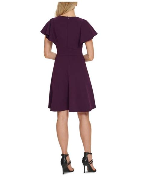 Dkny Synthetic V Neck Ruffle Sleeve Dress In Purple Lyst