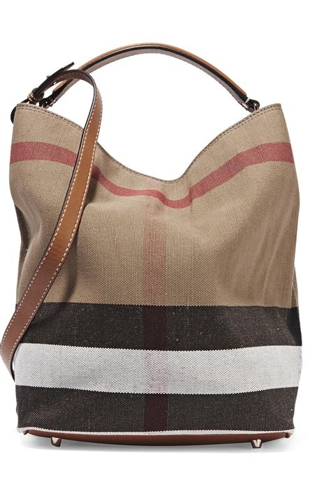 Burberry Leather Trimmed Checked Canvas Hobo Bag In Brown Lyst