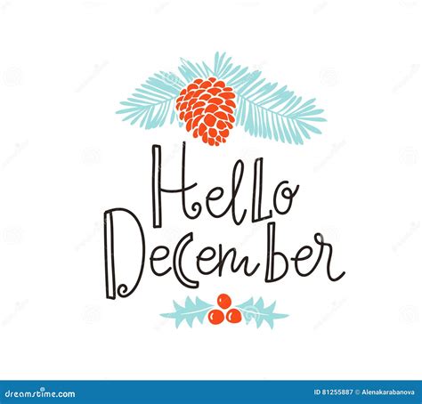 Christmas Sprig Of Pine With Holiday Lettering Hello Decemder Vector