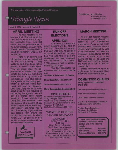 Triangle News The Newsletter Of The Lesbian Gay Political Coalition Vol 2 No 3 April 6